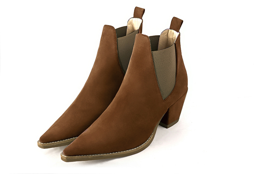 Caramel brown women's ankle boots, with elastics. Pointed toe. Medium cone heels. Front view - Florence KOOIJMAN